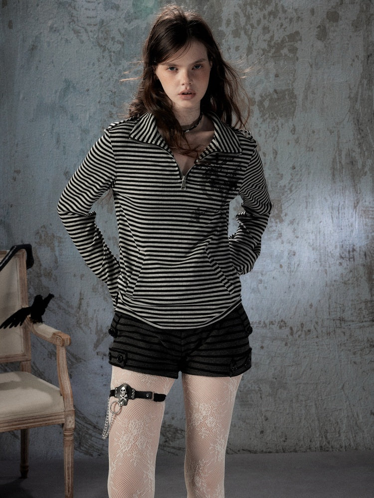 Half Zipper Collar Striped Long-Sleeve T-Shirt【s0000018402】