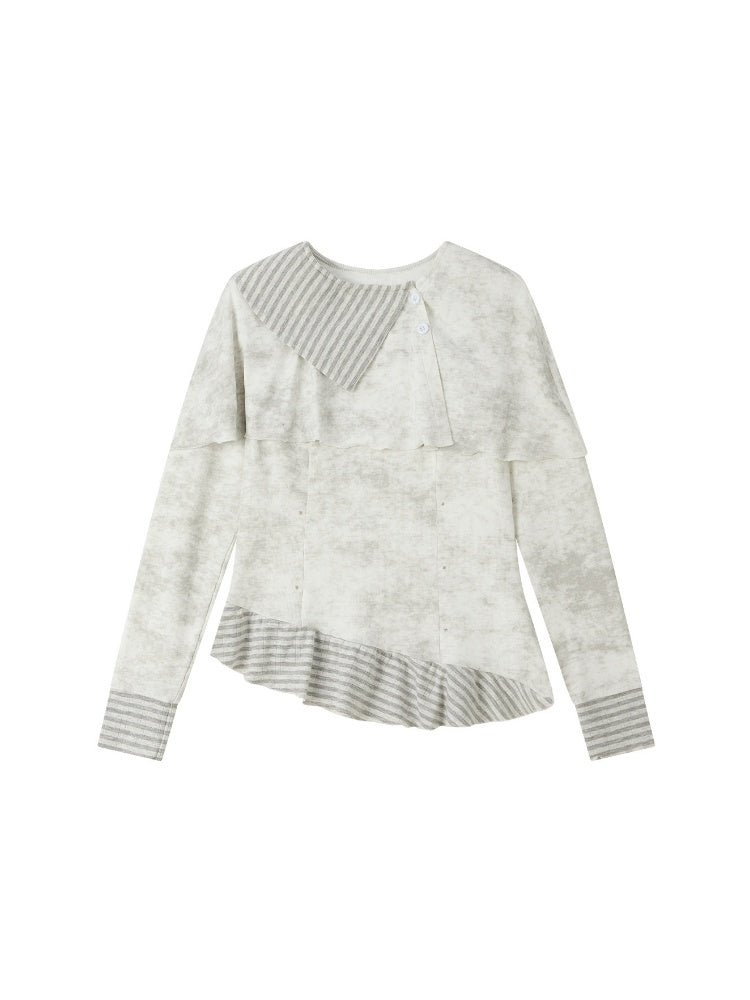 Asymmetric Tie-Dye Long Sleeve Striped Patchwork Waist Top【s0000018403】