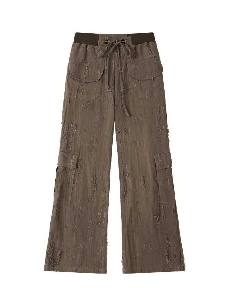 Ripped Straight-Leg Casual Drawstring Elastic Waist Long Pants【s0000018404】