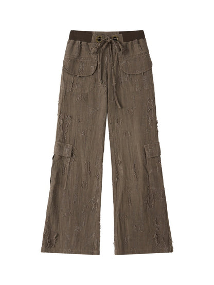 Ripped Straight-Leg Casual Drawstring Elastic Waist Long Pants【s0000018404】