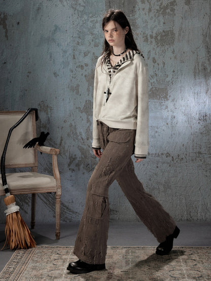 Ripped Straight-Leg Casual Drawstring Elastic Waist Long Pants【s0000018404】