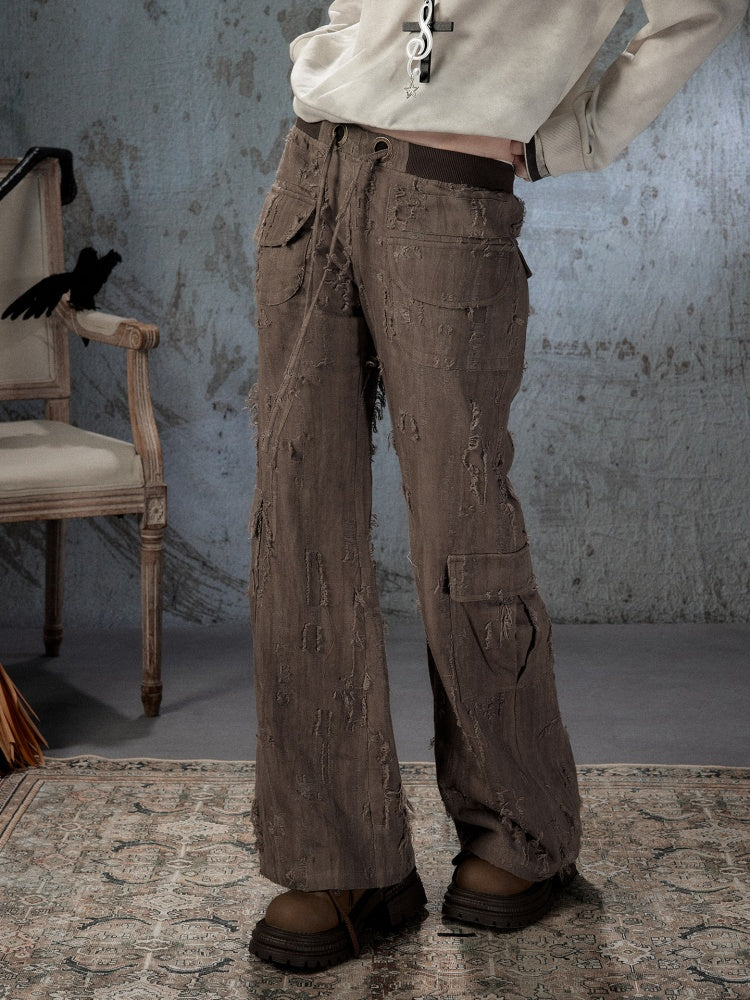 Ripped Straight-Leg Casual Drawstring Elastic Waist Long Pants【s0000018404】