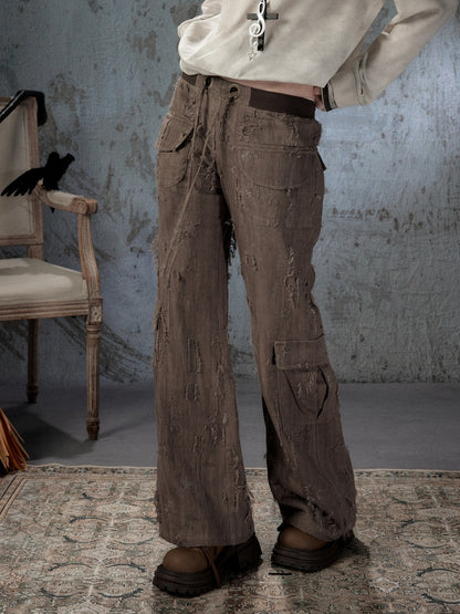 Ripped Straight-Leg Casual Drawstring Elastic Waist Long Pants【s0000018404】