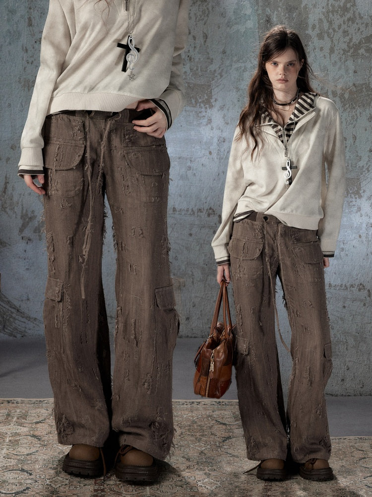 Ripped Straight-Leg Casual Drawstring Elastic Waist Long Pants【s0000018404】