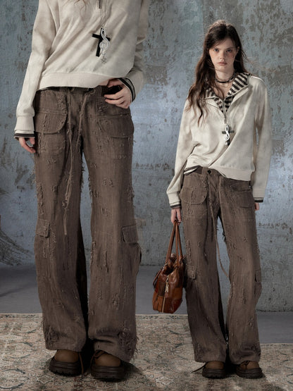 Ripped Straight-Leg Casual Drawstring Elastic Waist Long Pants【s0000018404】