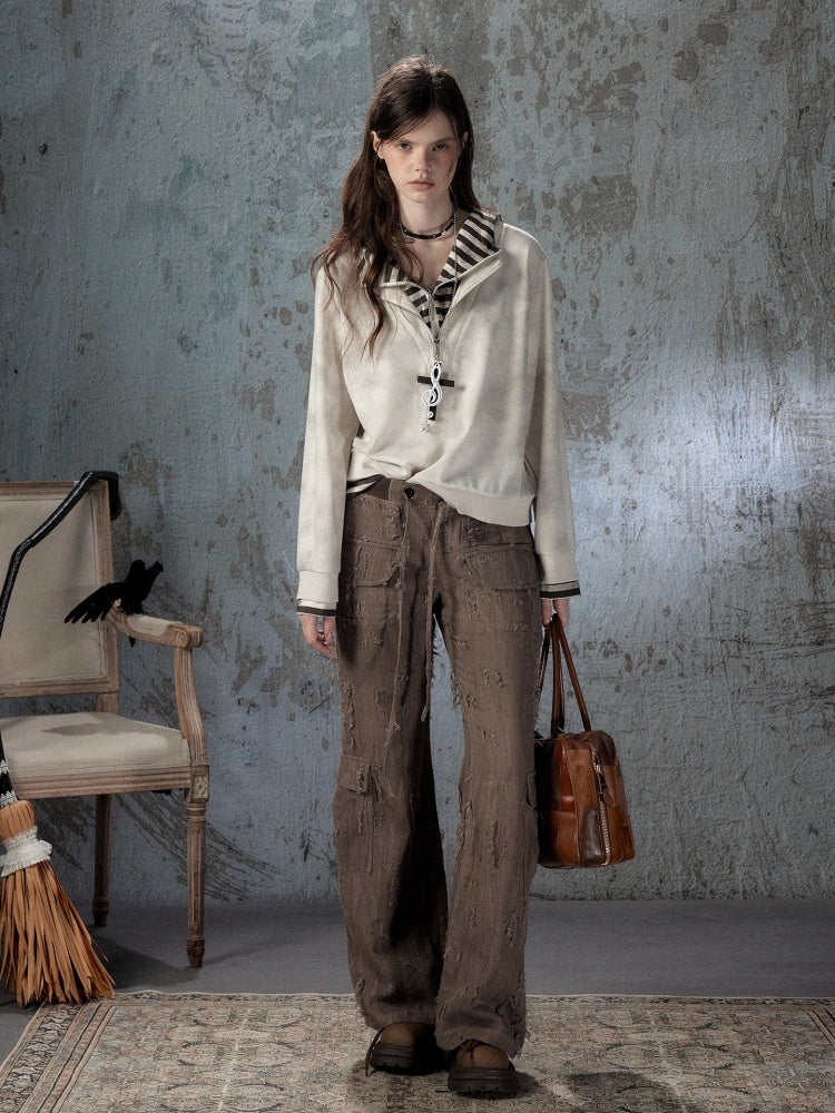 Ripped Straight-Leg Casual Drawstring Elastic Waist Long Pants【s0000018404】