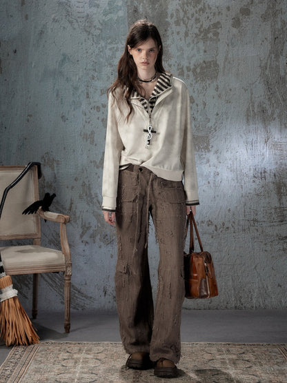 Ripped Straight-Leg Casual Drawstring Elastic Waist Long Pants【s0000018404】