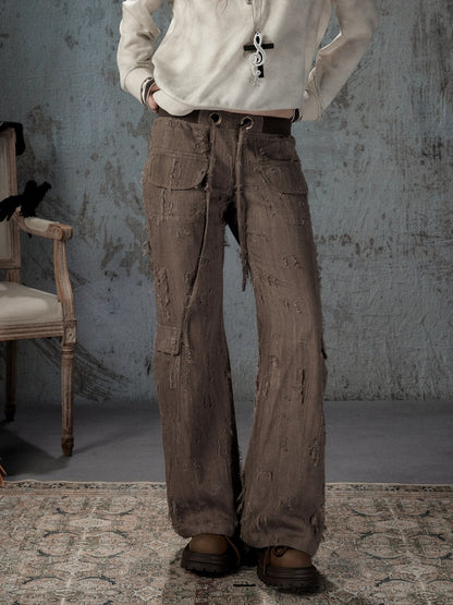 Ripped Straight-Leg Casual Drawstring Elastic Waist Long Pants【s0000018404】