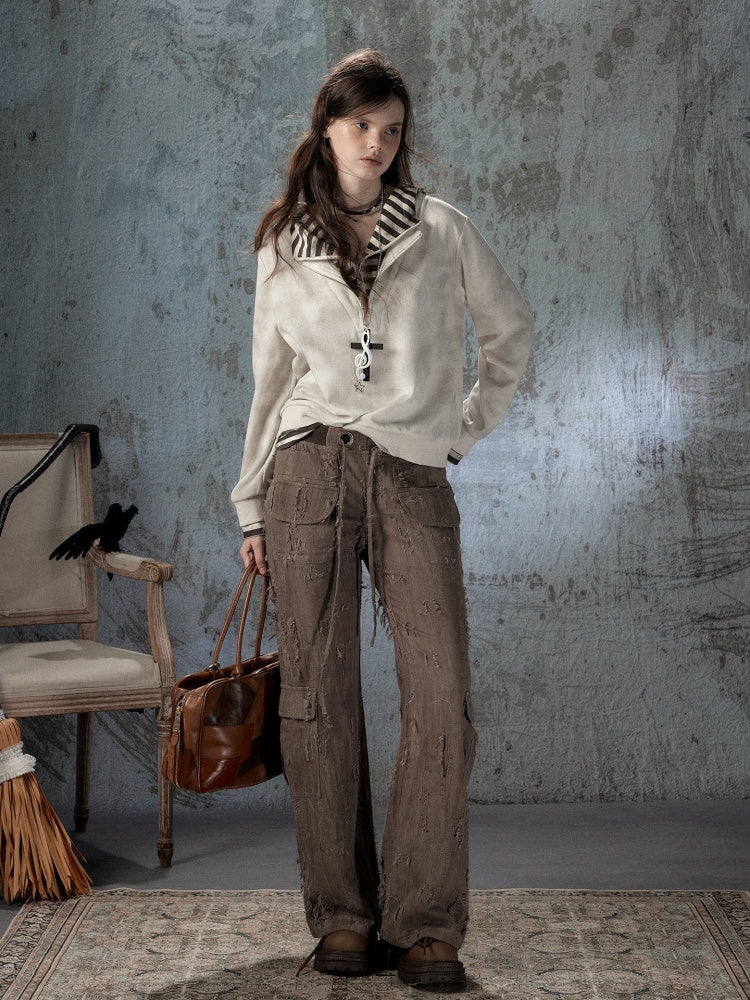 Ripped Straight-Leg Casual Drawstring Elastic Waist Long Pants【s0000018404】