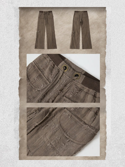 Ripped Straight-Leg Casual Drawstring Elastic Waist Long Pants【s0000018404】