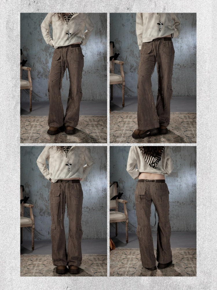 Ripped Straight-Leg Casual Drawstring Elastic Waist Long Pants【s0000018404】
