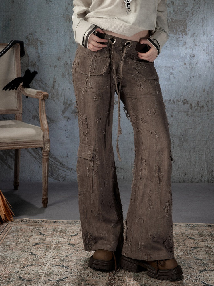 Ripped Straight-Leg Casual Drawstring Elastic Waist Long Pants【s0000018404】