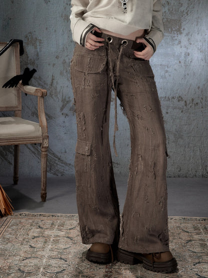 Ripped Straight-Leg Casual Drawstring Elastic Waist Long Pants【s0000018404】
