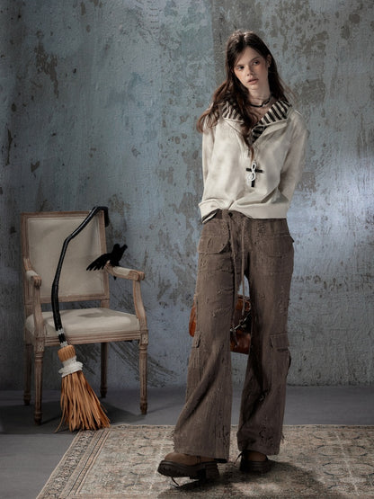Ripped Straight-Leg Casual Drawstring Elastic Waist Long Pants【s0000018404】