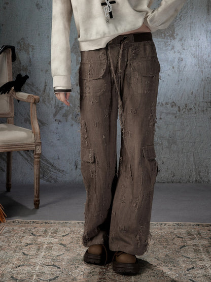 Ripped Straight-Leg Casual Drawstring Elastic Waist Long Pants【s0000018404】