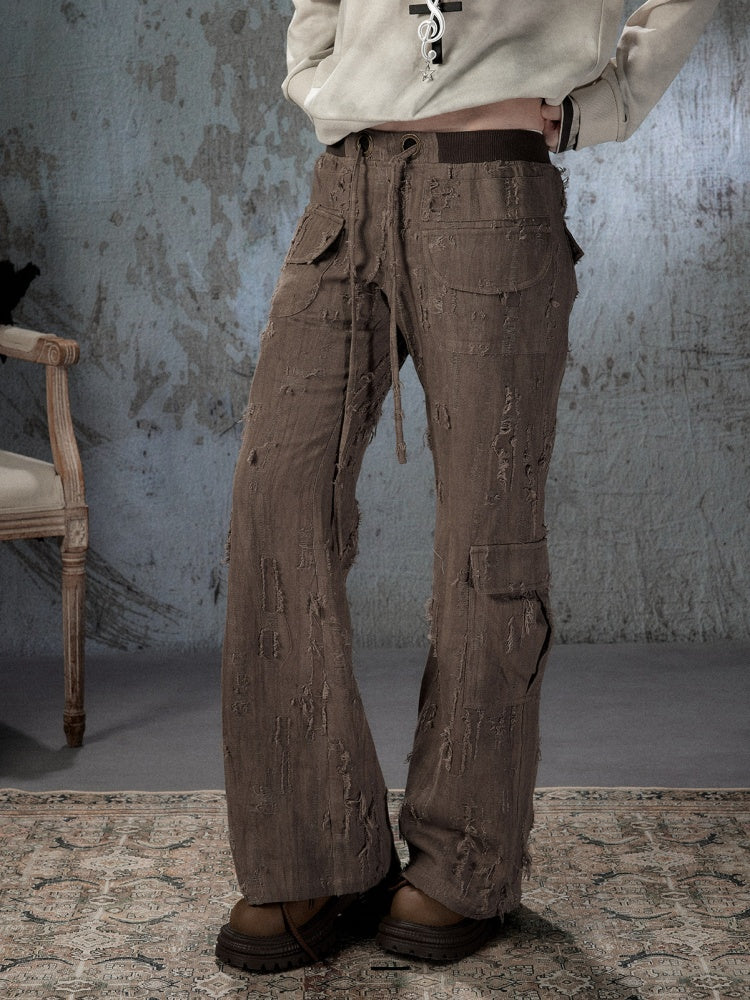 Ripped Straight-Leg Casual Drawstring Elastic Waist Long Pants【s0000018404】