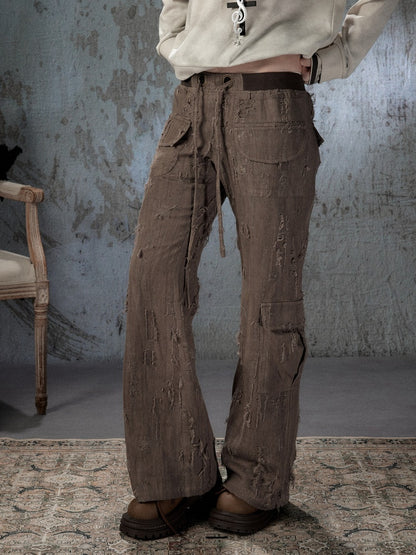 Ripped Straight-Leg Casual Drawstring Elastic Waist Long Pants【s0000018404】