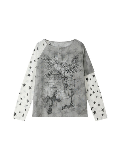 Fake Two-Piece Tie-Dye Raglan Long-Sleeve T-Shirt【s0000018405】