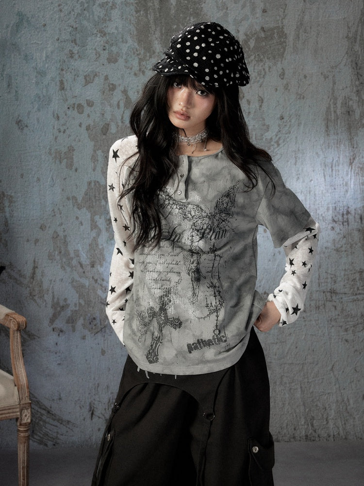 Fake Two-Piece Tie-Dye Raglan Long-Sleeve T-Shirt【s0000018405】