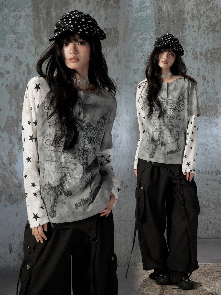 Fake Two-Piece Tie-Dye Raglan Long-Sleeve T-Shirt【s0000018405】