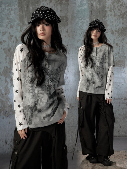 Fake Two-Piece Tie-Dye Raglan Long-Sleeve T-Shirt【s0000018405】