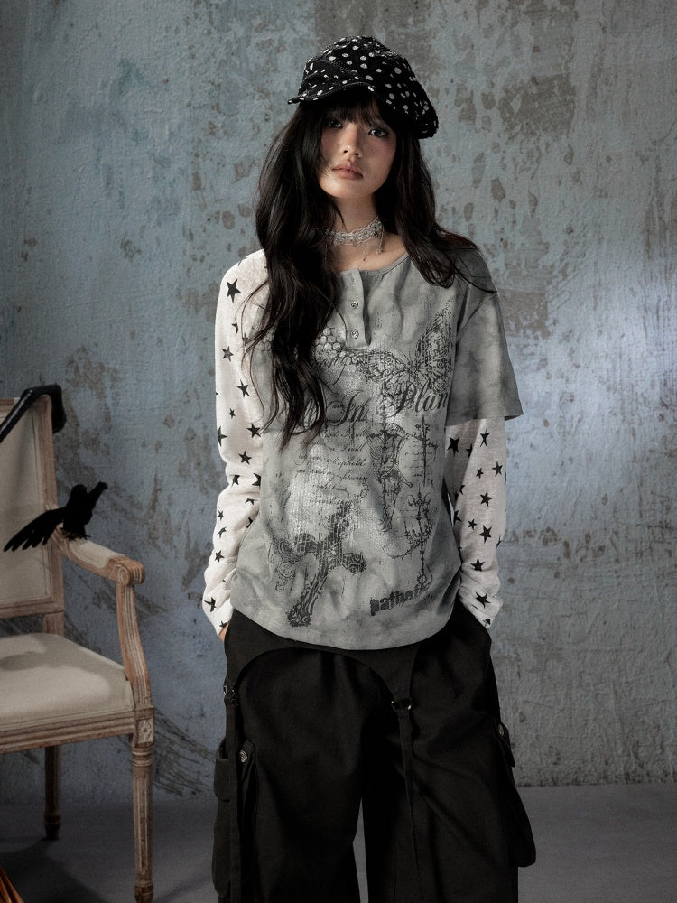 Fake Two-Piece Tie-Dye Raglan Long-Sleeve T-Shirt【s0000018405】