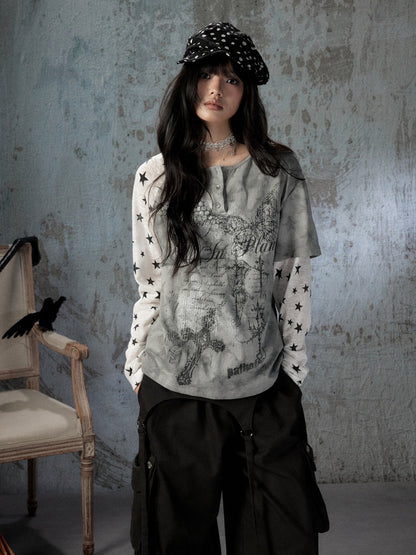 Fake Two-Piece Tie-Dye Raglan Long-Sleeve T-Shirt【s0000018405】