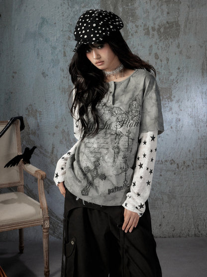 Fake Two-Piece Tie-Dye Raglan Long-Sleeve T-Shirt【s0000018405】