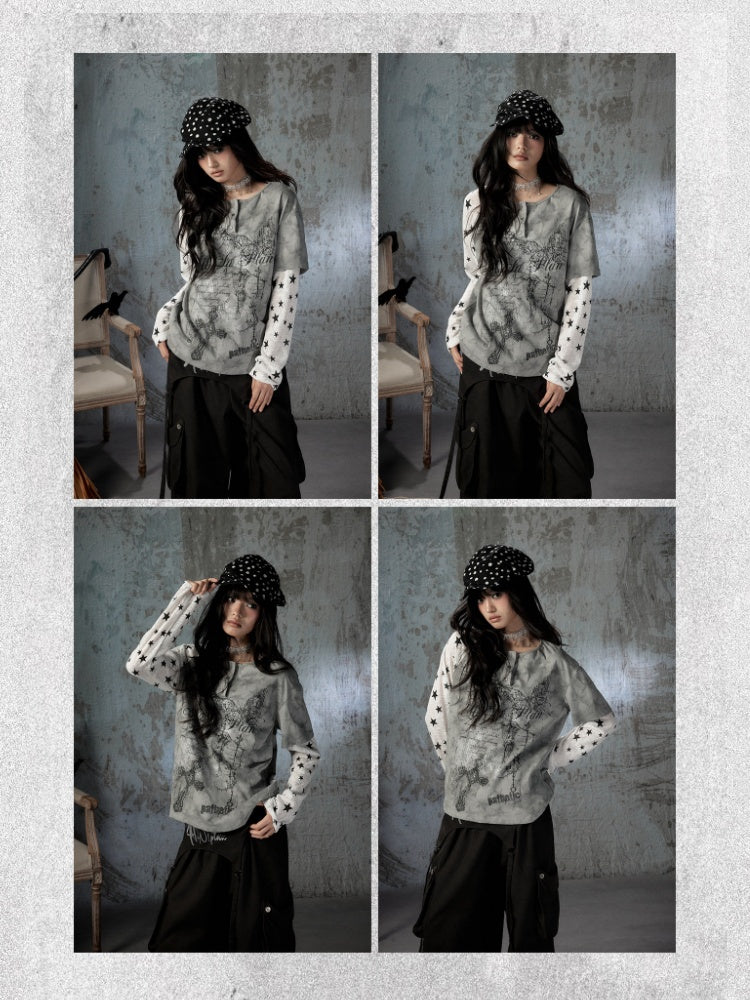 Fake Two-Piece Tie-Dye Raglan Long-Sleeve T-Shirt【s0000018405】