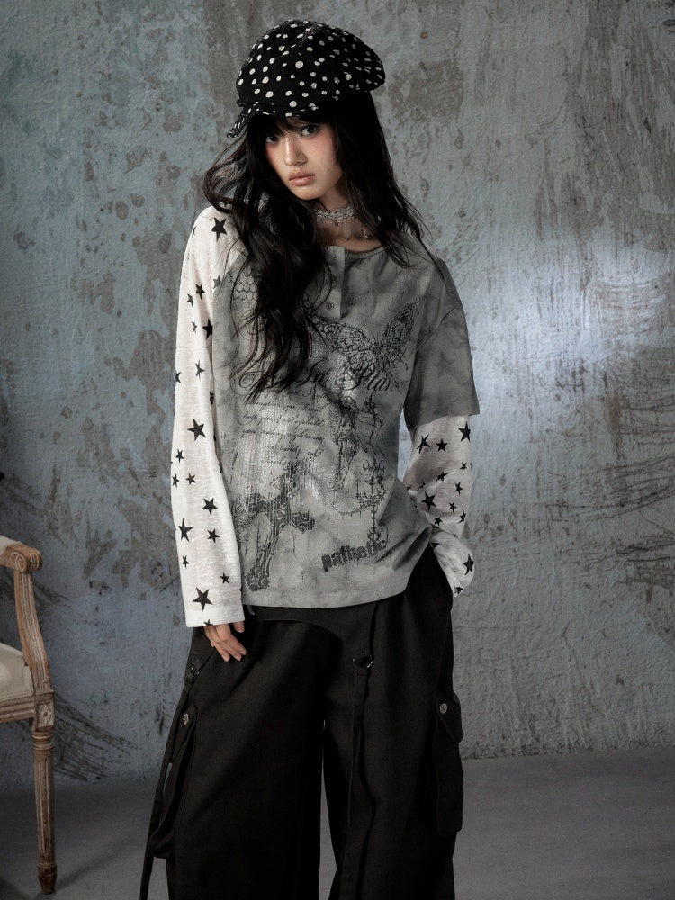 Fake Two-Piece Tie-Dye Raglan Long-Sleeve T-Shirt【s0000018405】
