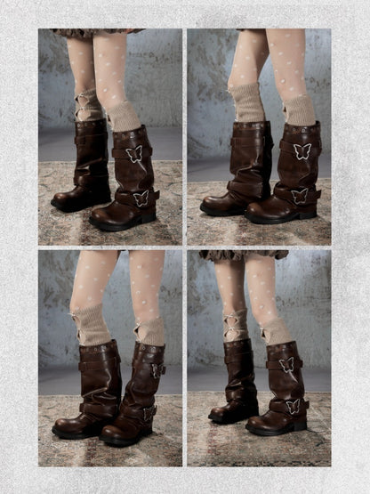 Butterfly Button Distressed Pile Thick-Soled Knee-High Long Boots【s0000018406】
