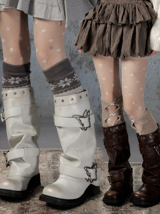 Butterfly Button Distressed Pile Thick-Soled Knee-High Long Boots【s0000018406】