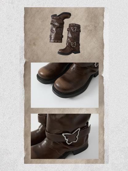Butterfly Button Distressed Pile Thick-Soled Knee-High Long Boots【s0000018406】