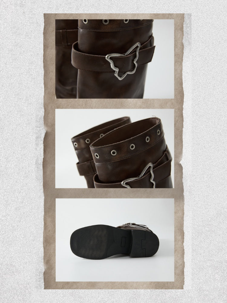 Butterfly Button Distressed Pile Thick-Soled Knee-High Long Boots【s0000018406】