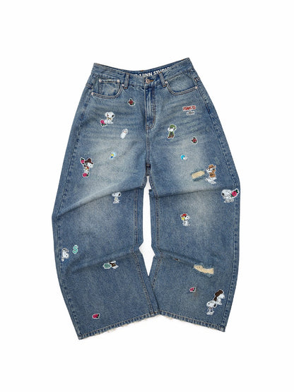 1JINN STUDIO x Snoopy Collaboration Sticker Print Vintage Loose Straight-Leg Ripped Floor-Length Denim Pants【s0000018140】