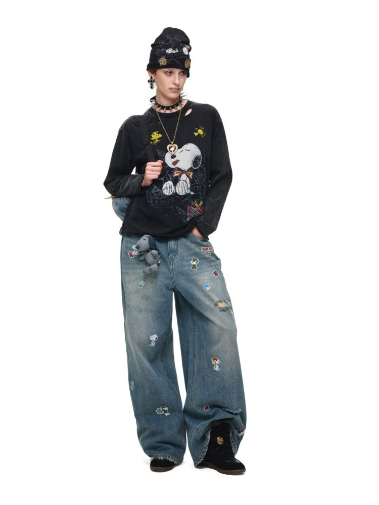 1JINN STUDIO x Snoopy Collaboration Sticker Print Vintage Loose Straight-Leg Ripped Floor-Length Denim Pants【s0000018140】