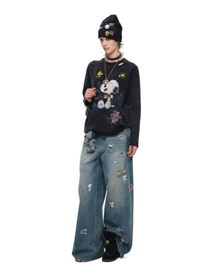 1JINN STUDIO x Snoopy Collaboration Sticker Print Vintage Loose Straight-Leg Ripped Floor-Length Denim Pants【s0000018140】