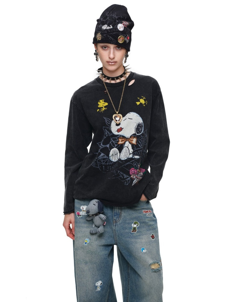 1JINN STUDIO x Snoopy Collaboration Sticker Print Vintage Loose Straight-Leg Ripped Floor-Length Denim Pants【s0000018140】