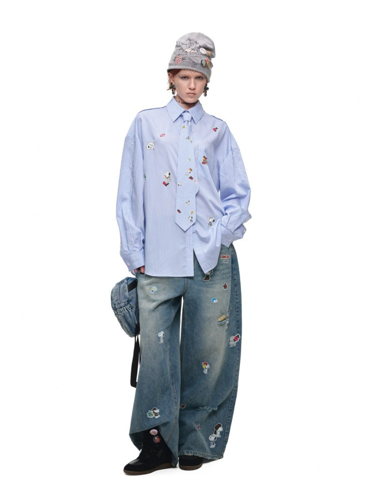 1JINN STUDIO x Snoopy Collaboration Sticker Print Vintage Loose Straight-Leg Ripped Floor-Length Denim Pants【s0000018140】
