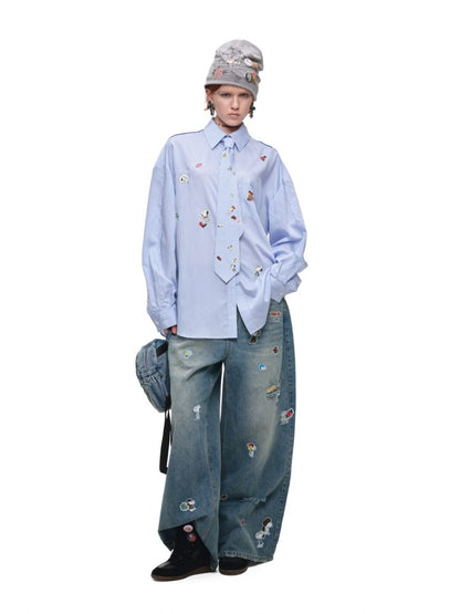 1JINN STUDIO x Snoopy Collaboration Sticker Print Vintage Loose Straight-Leg Ripped Floor-Length Denim Pants【s0000018140】