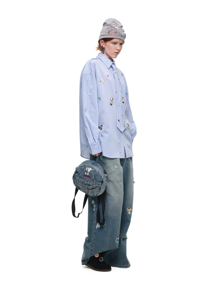 1JINN STUDIO x Snoopy Collaboration Sticker Print Vintage Loose Straight-Leg Ripped Floor-Length Denim Pants【s0000018140】