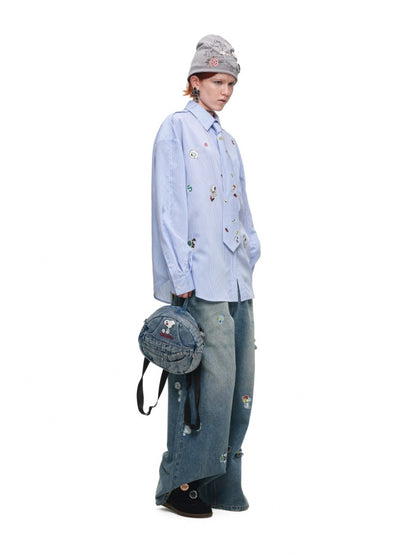 1JINN STUDIO x Snoopy Collaboration Sticker Print Vintage Loose Straight-Leg Ripped Floor-Length Denim Pants【s0000018140】