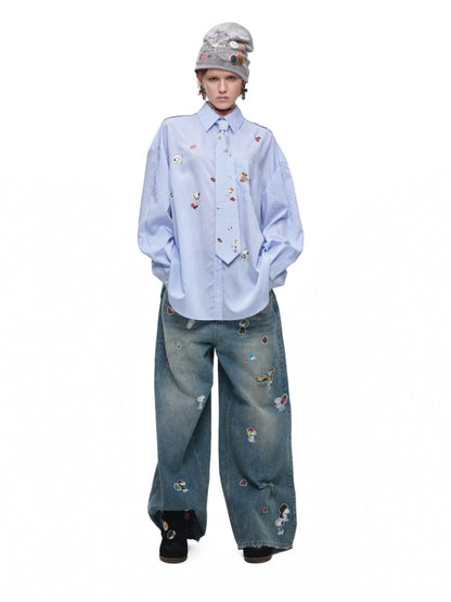 1JINN STUDIO x Snoopy Collaboration Sticker Print Vintage Loose Straight-Leg Ripped Floor-Length Denim Pants【s0000018140】