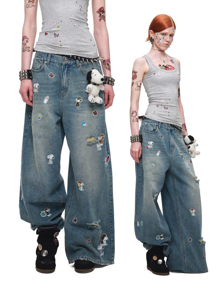1JINN STUDIO x Snoopy Collaboration Sticker Print Vintage Loose Straight-Leg Ripped Floor-Length Denim Pants【s0000018140】