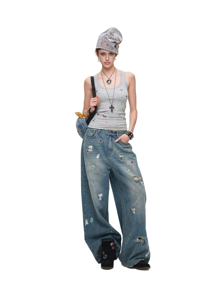1JINN STUDIO x Snoopy Collaboration Sticker Print Vintage Loose Straight-Leg Ripped Floor-Length Denim Pants【s0000018140】
