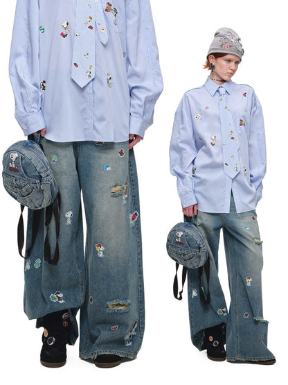 1JINN STUDIO x Snoopy Collaboration Sticker Print Vintage Loose Straight-Leg Ripped Floor-Length Denim Pants【s0000018140】