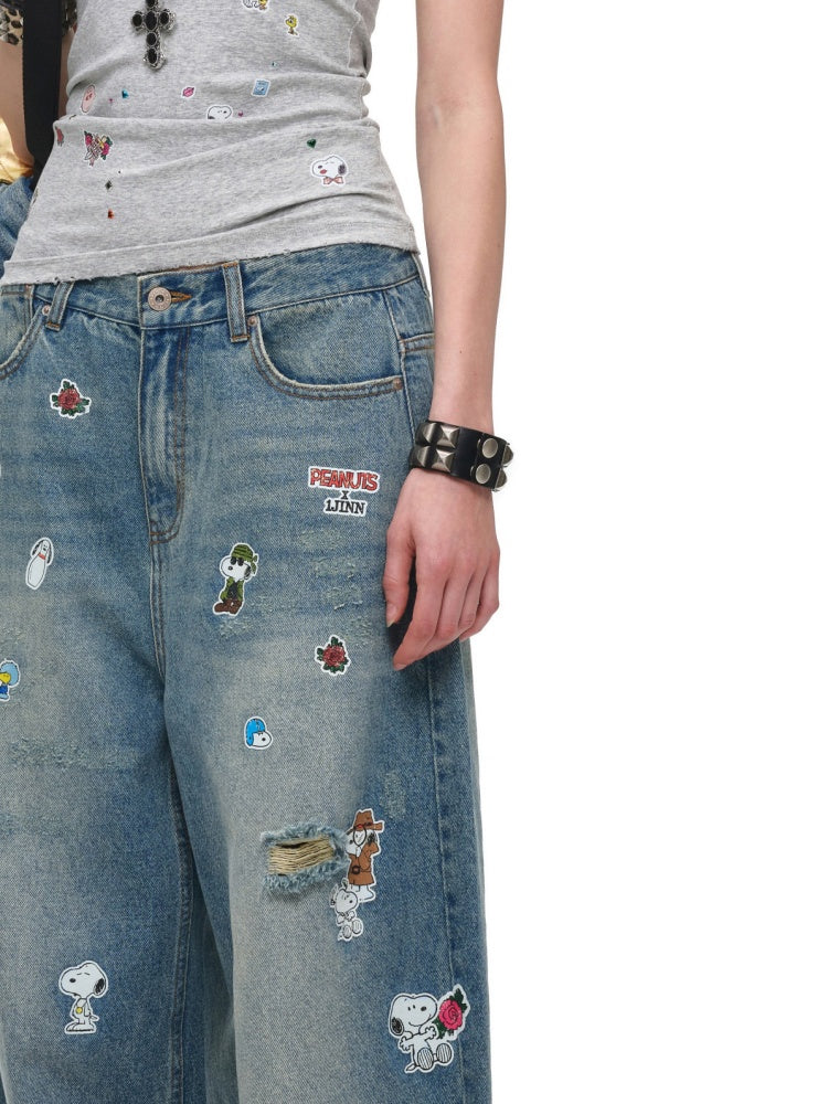 1JINN STUDIO x Snoopy Collaboration Sticker Print Vintage Loose Straight-Leg Ripped Floor-Length Denim Pants【s0000018140】