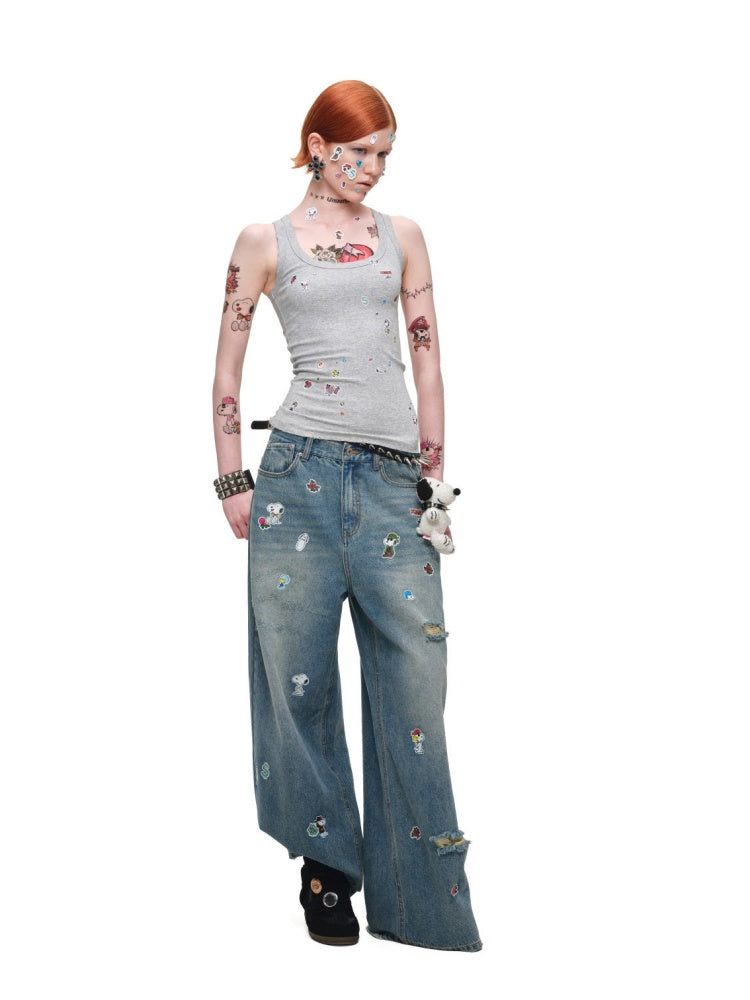 1JINN STUDIO x Snoopy Collaboration Sticker Print Vintage Loose Straight-Leg Ripped Floor-Length Denim Pants【s0000018140】