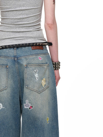 1JINN STUDIO x Snoopy Collaboration Sticker Print Vintage Loose Straight-Leg Ripped Floor-Length Denim Pants【s0000018140】