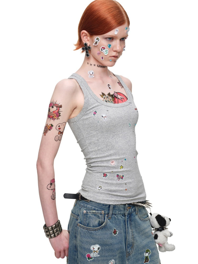 1JINN STUDIO x Snoopy Collaboration Sticker Print Vintage Loose Straight-Leg Ripped Floor-Length Denim Pants【s0000018140】